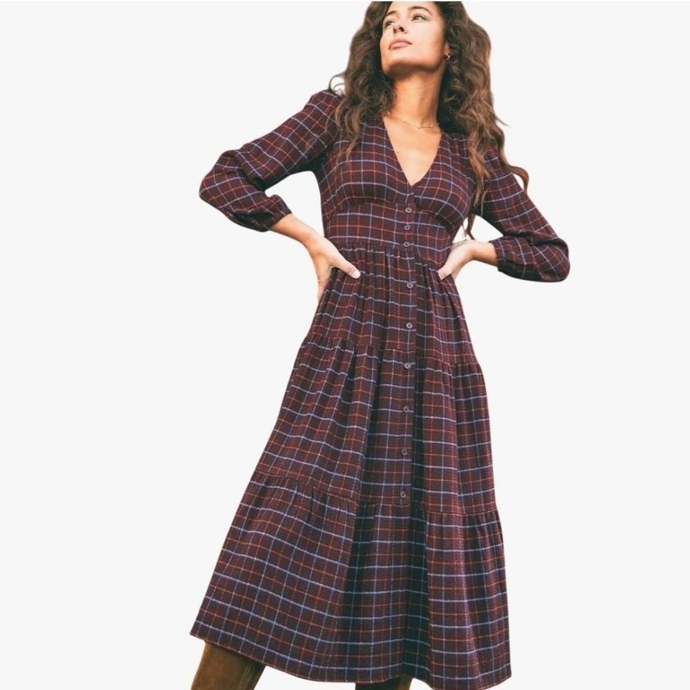 Marine Layer Maeve Midi Dress Merlot Windowpane
